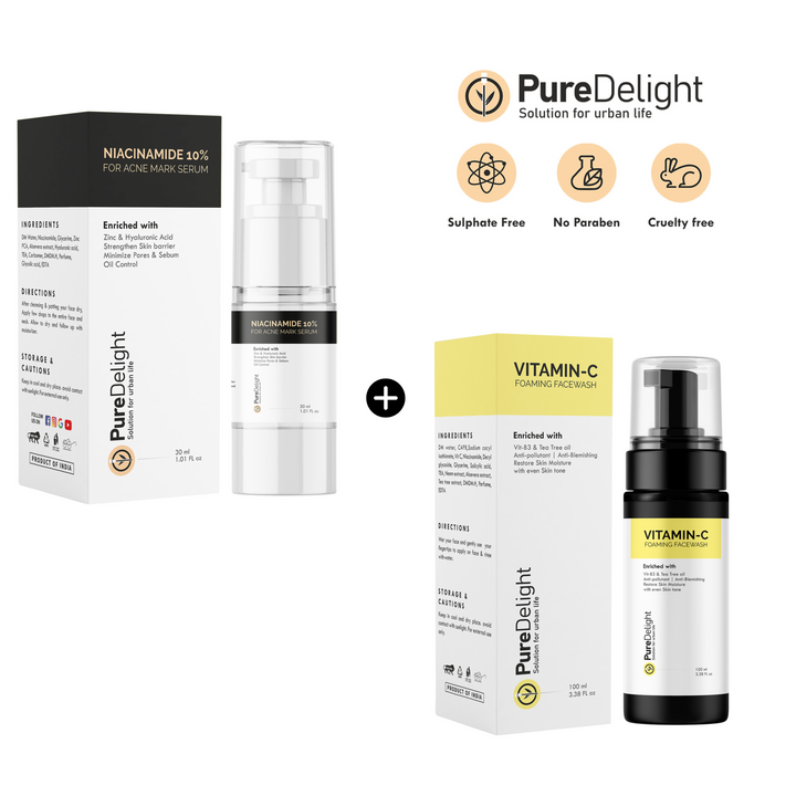 Pure Delight Niacinamide 10% Serum + Vitamin-C Foaming Facewash Bright & Clear Skin Combo