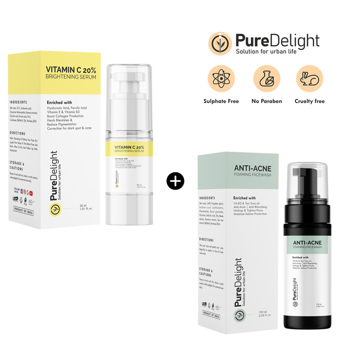 Pure Delight Vitamin C 20% Serum + Anti-Acne Foaming Facewash Brightening & Clear Skin Duo  Description: